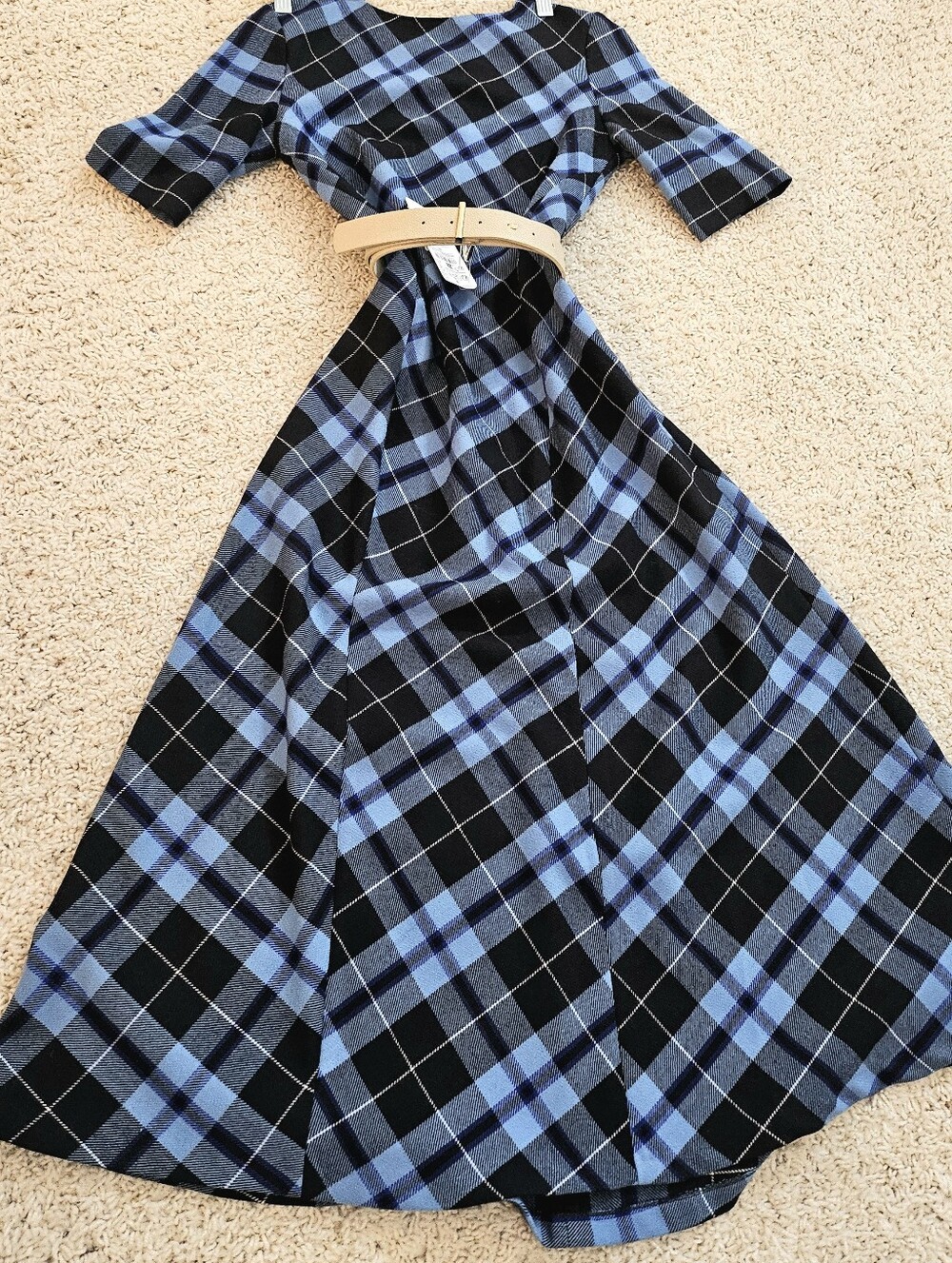 Blue Plaid A-Line Midi Dress